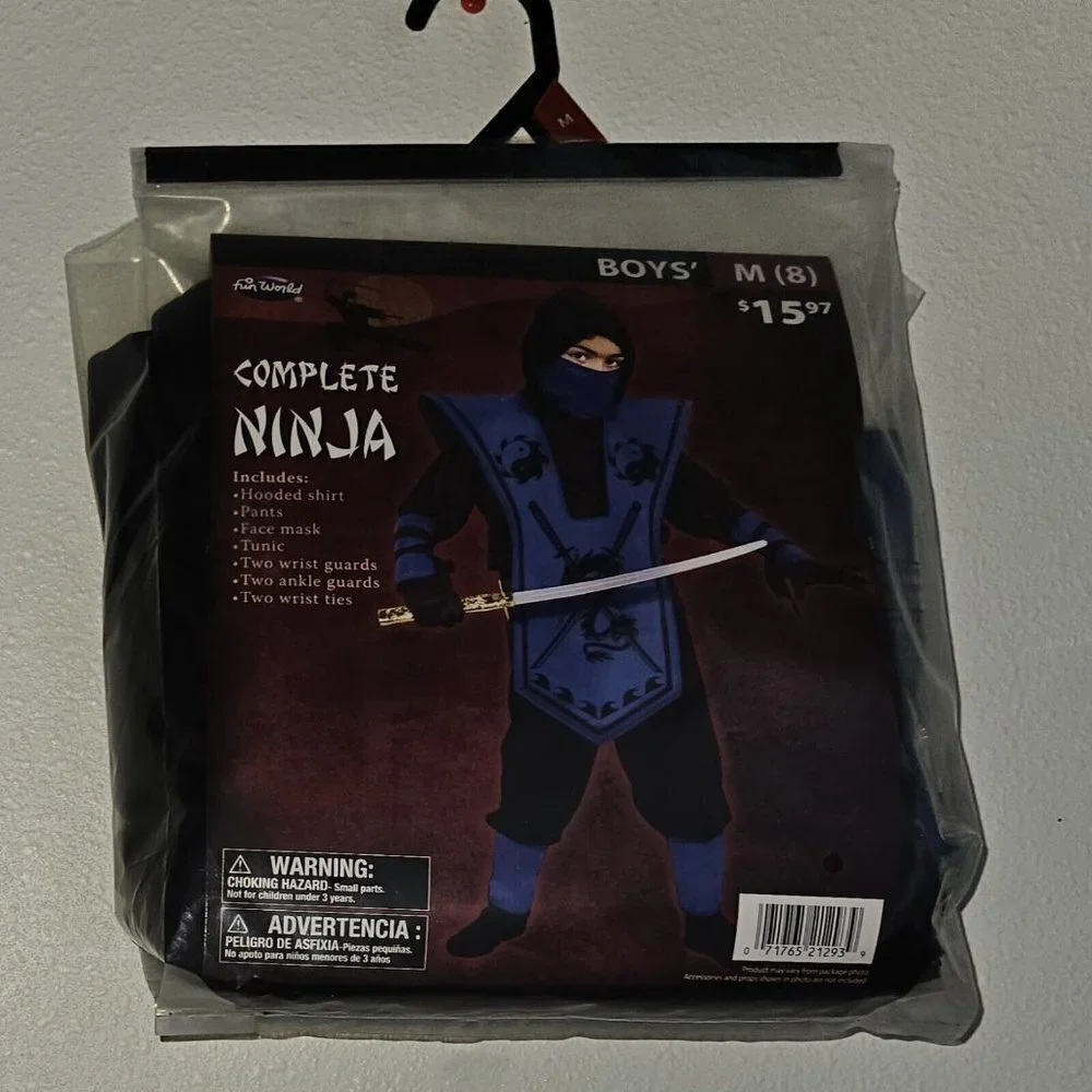 NEW Blue Complete Ninja Costume Halloween Boys Medium 8 Hooded Shirt Pants Tunic